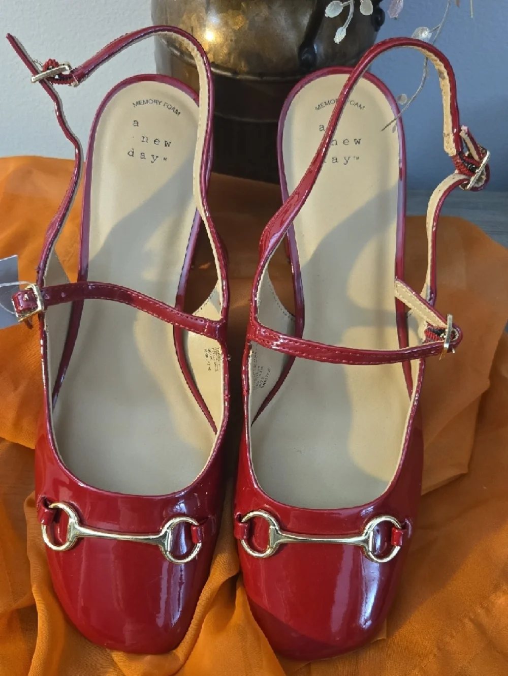 a new day Red Patent Slingback Block Heels with Gold Buckle - Picture 2 of 4
